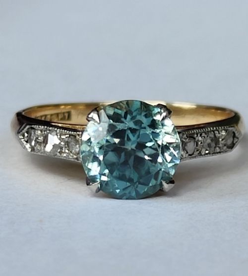 ART DECO 18CT GOLD PLATINUM DIAMOND NATURAL BLUE ZIRCON SOLITAIRE RING - ADDITIONAL PHOTO 8