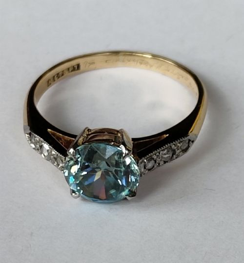 ART DECO 18CT GOLD PLATINUM DIAMOND NATURAL BLUE ZIRCON SOLITAIRE RING - ADDITIONAL PHOTO 9