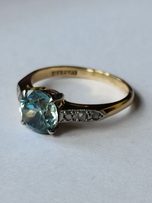 ART DECO 18CT GOLD PLATINUM DIAMOND NATURAL BLUE ZIRCON SOLITAIRE RING - ADDITIONAL PHOTO 10