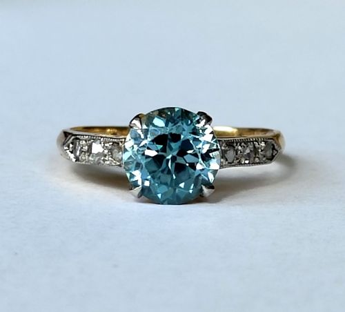 art deco 18ct gold platinum diamond natural blue zircon solitaire ring - CATEGORY: ANTIQUE JEWELLERY - DATED 1920
