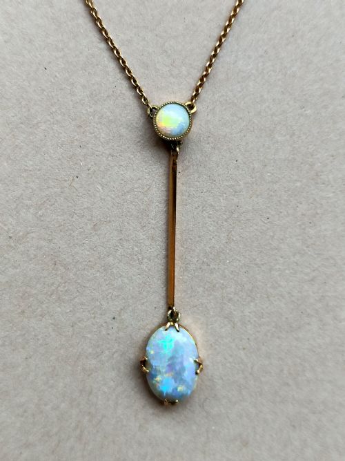 edwardian 9ct gold opal drop pendant necklace - CATEGORY: ANTIQUE JEWELLERY - DATED EDWARDIAN