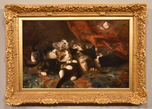 oil painting by louis eugene lambert kittens chasing a butterfly - CATEGORY: ANTIQUE ART - DATED 19TH CENTURY