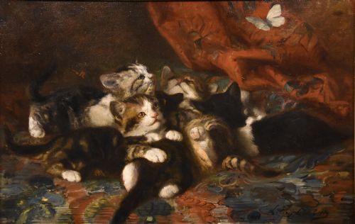 OIL PAINTING BY LOUIS EUGENE LAMBERT KITTENS CHASING A BUTTERFLY - ADDITIONAL PHOTO 1