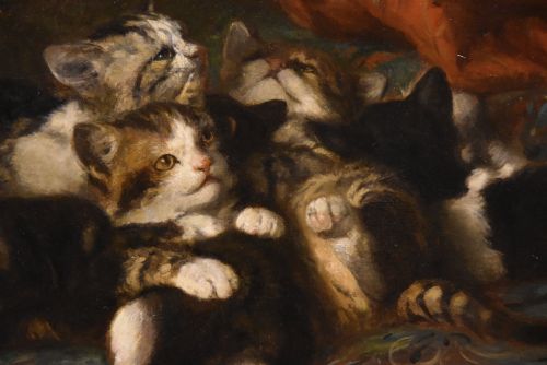 OIL PAINTING BY LOUIS EUGENE LAMBERT KITTENS CHASING A BUTTERFLY - ADDITIONAL PHOTO 2