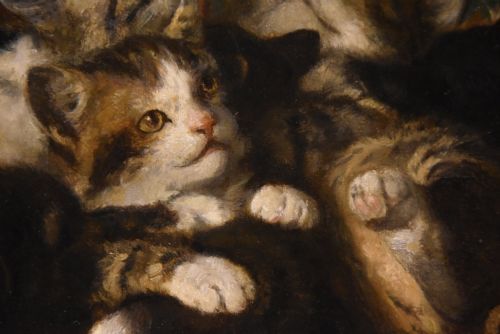 OIL PAINTING BY LOUIS EUGENE LAMBERT KITTENS CHASING A BUTTERFLY - ADDITIONAL PHOTO 5