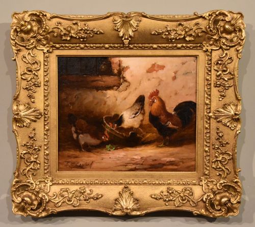 oil painting by e s england cockerel and hens - CATEGORY: ANTIQUE ART - DATED 19TH CENTURY