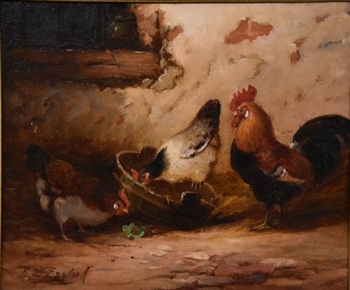 OIL PAINTING BY E S ENGLAND COCKEREL AND HENS - ADDITIONAL PHOTO 1