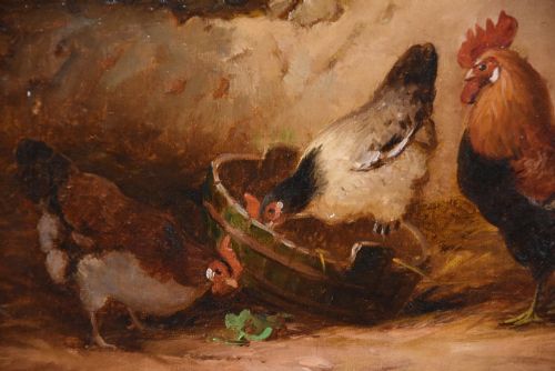 OIL PAINTING BY E S ENGLAND COCKEREL AND HENS - ADDITIONAL PHOTO 2