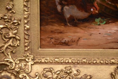 OIL PAINTING BY E S ENGLAND COCKEREL AND HENS - ADDITIONAL PHOTO 3