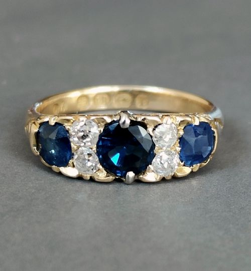 large victorian 18ct gold sapphire diamond ring 1891 - CATEGORY: ANTIQUE JEWELLERY - DATED 19TH CENTURY