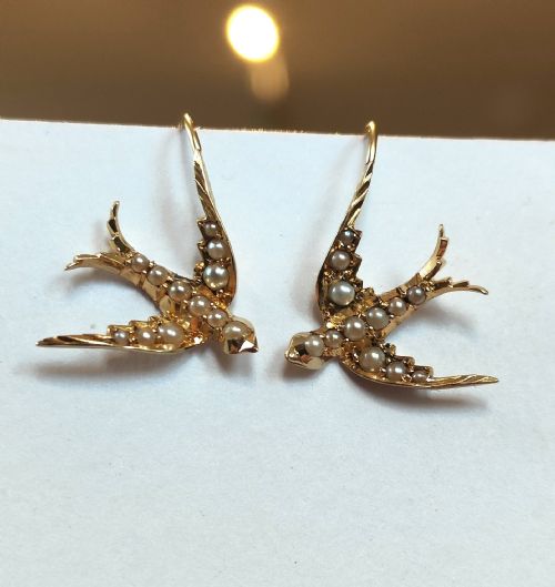 victorian 15ct gold pearl swallow earrings - CATEGORY: ANTIQUE JEWELLERY - DATED VICTORIAN