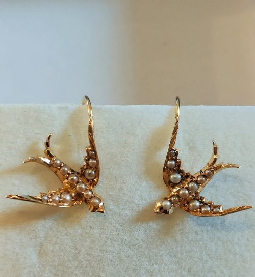 VICTORIAN 15CT GOLD PEARL SWALLOW EARRINGS - ADDITIONAL PHOTO 1