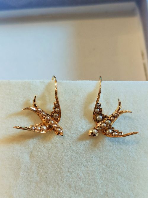 VICTORIAN 15CT GOLD PEARL SWALLOW EARRINGS - ADDITIONAL PHOTO 3