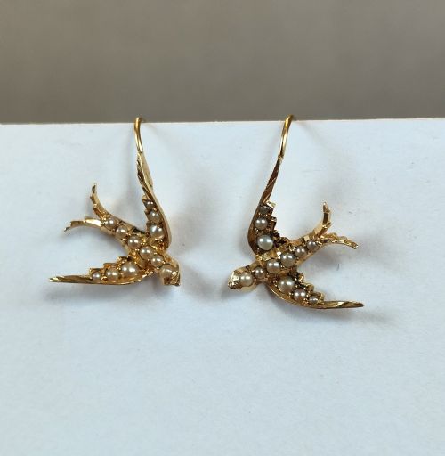 VICTORIAN 15CT GOLD PEARL SWALLOW EARRINGS - ADDITIONAL PHOTO 6