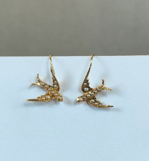 VICTORIAN 15CT GOLD PEARL SWALLOW EARRINGS - ADDITIONAL PHOTO 7