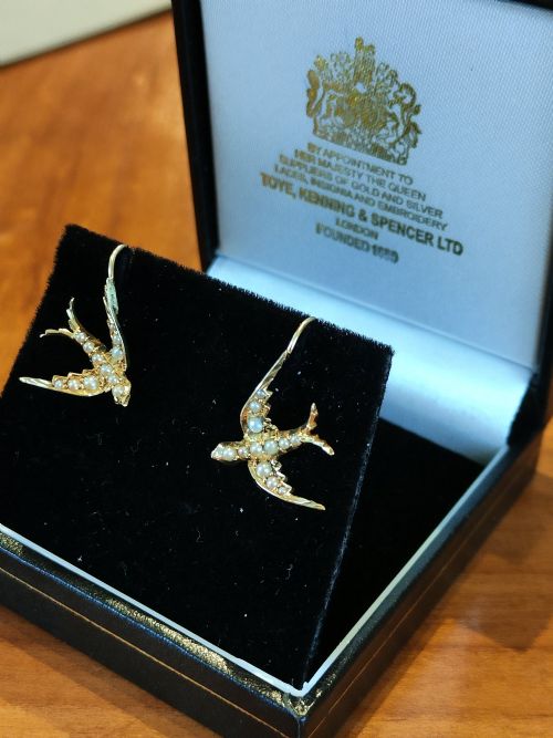 VICTORIAN 15CT GOLD PEARL SWALLOW EARRINGS - ADDITIONAL PHOTO 8