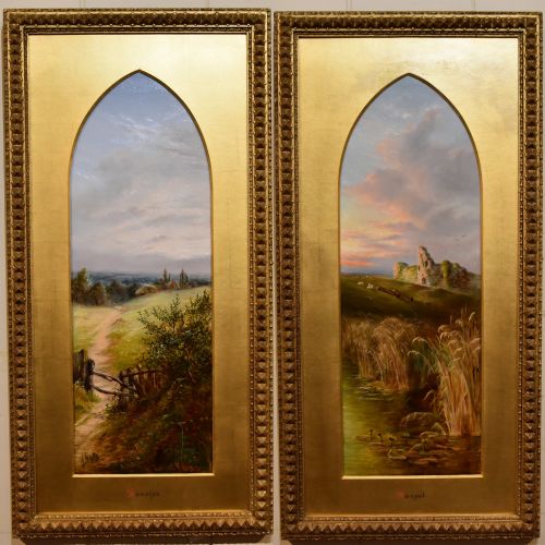 oil painting pair by henry larpent roberts sunrise and sunset - CATEGORY: ANTIQUE ART - DATED 19TH CENTURY