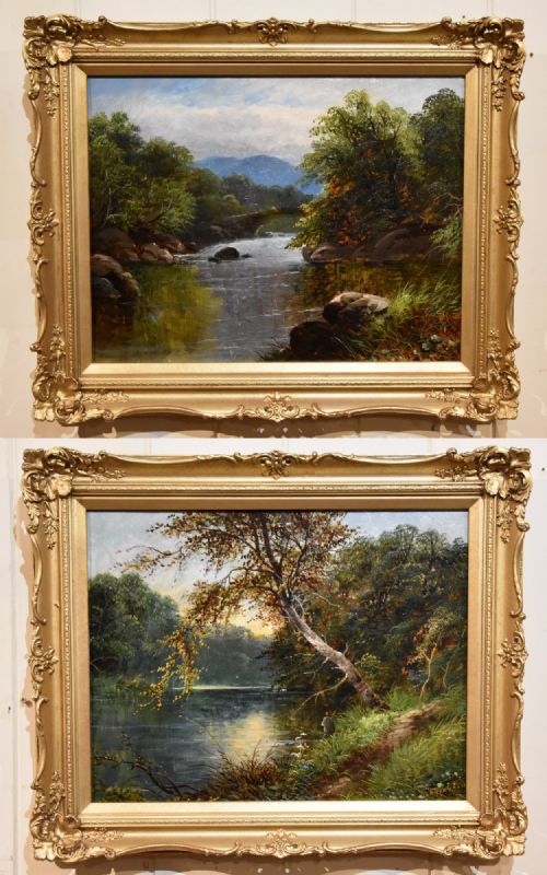 oil painting pair by george batista yarnold evening by the river - CATEGORY: ANTIQUE ART - DATED 19TH CENTURY