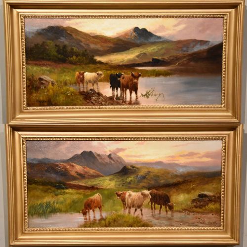 oil painting pair by charles walter oswald evening in the highlands - CATEGORY: ANTIQUE ART - DATED 19TH CENTURY