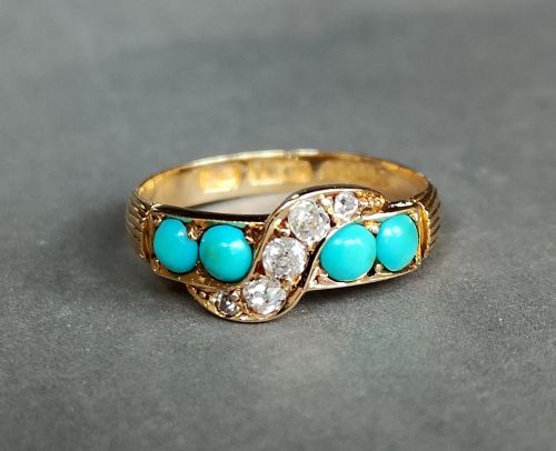 victorian 18ct yellow gold and turquoise diamond ring - CATEGORY: ANTIQUE JEWELLERY - DATED 19TH CENTURY