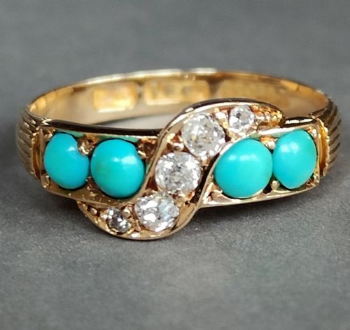 VICTORIAN 18CT YELLOW GOLD AND TURQUOISE DIAMOND RING - ADDITIONAL PHOTO 1
