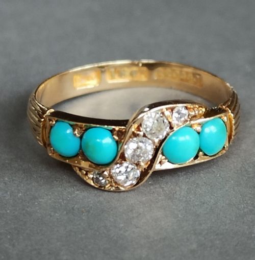 VICTORIAN 18CT YELLOW GOLD AND TURQUOISE DIAMOND RING - ADDITIONAL PHOTO 2