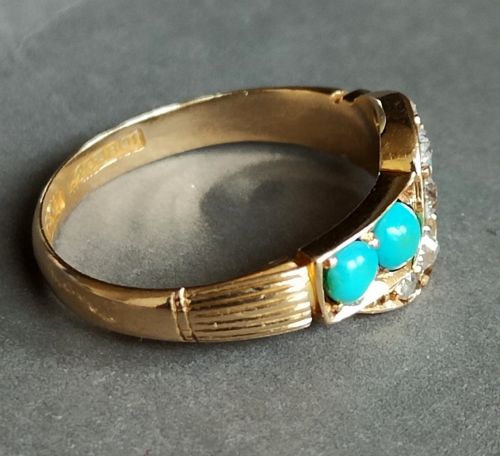 VICTORIAN 18CT YELLOW GOLD AND TURQUOISE DIAMOND RING - ADDITIONAL PHOTO 4