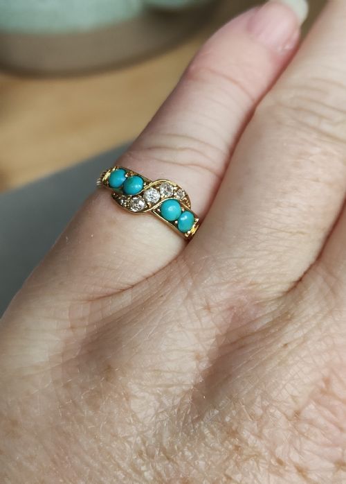 VICTORIAN 18CT YELLOW GOLD AND TURQUOISE DIAMOND RING - ADDITIONAL PHOTO 9