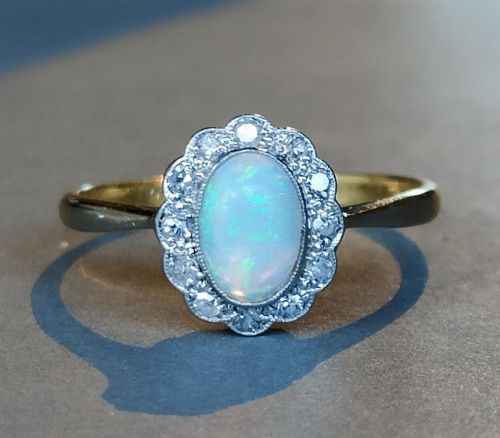 art deco 18ct gold platinum opal and diamond ring - CATEGORY: ANTIQUE JEWELLERY - DATED 1920