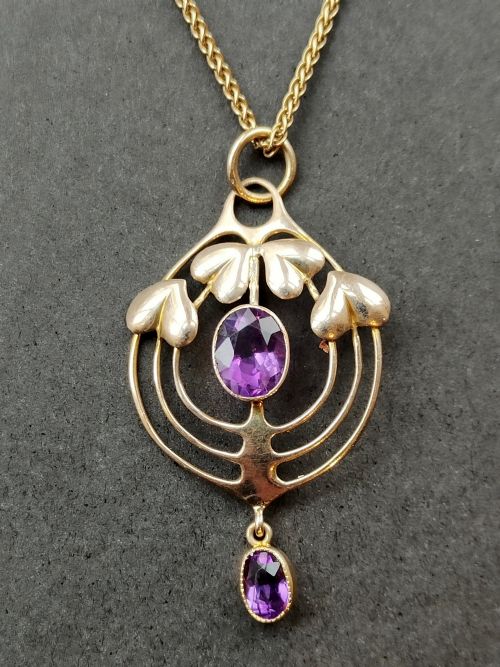 murrle bennett 9ct gold amethyst heart pendant and chain - CATEGORY: ANTIQUE JEWELLERY - DATED 1900