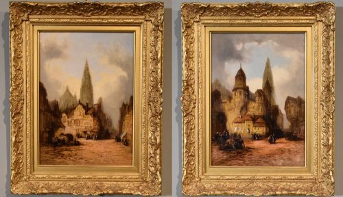 oil painting pair by henry foley continental town scenes - CATEGORY: ANTIQUE ART - DATED 19TH CENTURY