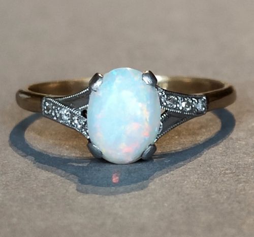 art deco 18ct gold platinum opal and diamond ring - CATEGORY: ANTIQUE JEWELLERY - DATED 1920