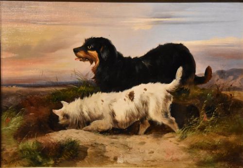 OIL PAINTING PAIR BY JAMES CHARLES MORRIS TERRIER'S RABBITING - ADDITIONAL PHOTO 1