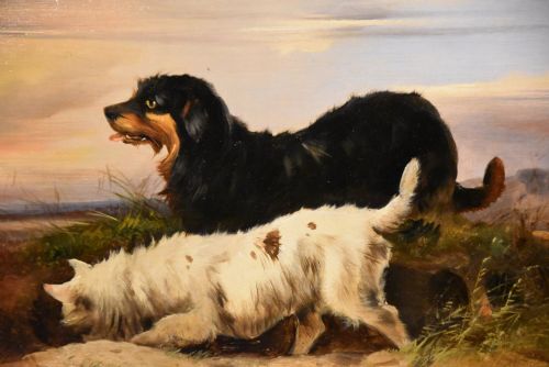 OIL PAINTING PAIR BY JAMES CHARLES MORRIS TERRIER'S RABBITING - ADDITIONAL PHOTO 2