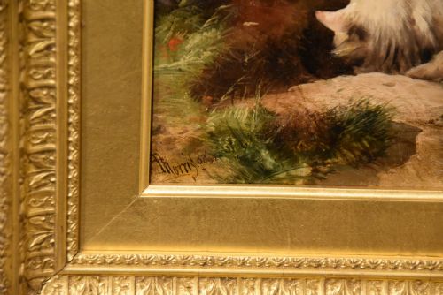 OIL PAINTING PAIR BY JAMES CHARLES MORRIS TERRIER'S RABBITING - ADDITIONAL PHOTO 5