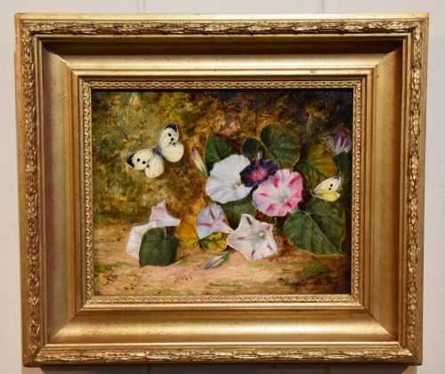 oil painting by william p wright lilies and butterflies - CATEGORY: ANTIQUE ART - DATED 19TH CENTURY
