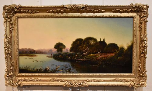 oil painting by edwin henry boddington evening on the thames - CATEGORY: ANTIQUE ART - DATED 19TH CENTURY