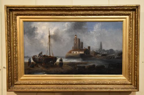 oil painting by anton schoth evening unloading the catch - CATEGORY: ANTIQUE ART - DATED 19TH CENTURY