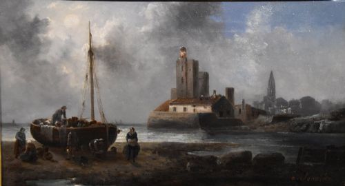 OIL PAINTING BY ANTON SCHOTH EVENING UNLOADING THE CATCH - ADDITIONAL PHOTO 1