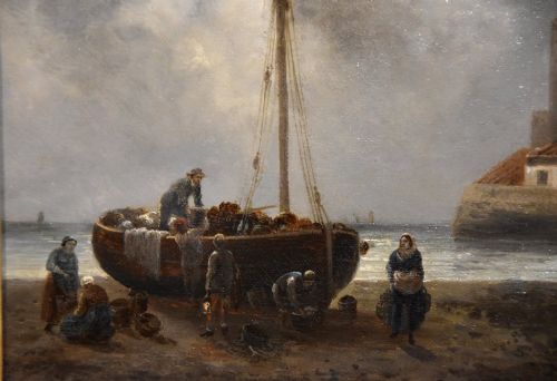 OIL PAINTING BY ANTON SCHOTH EVENING UNLOADING THE CATCH - ADDITIONAL PHOTO 3
