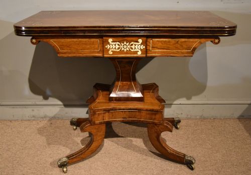 regency rosewood brass inlaid card table - CATEGORY: ANTIQUE TABLES - DATED REGENCY