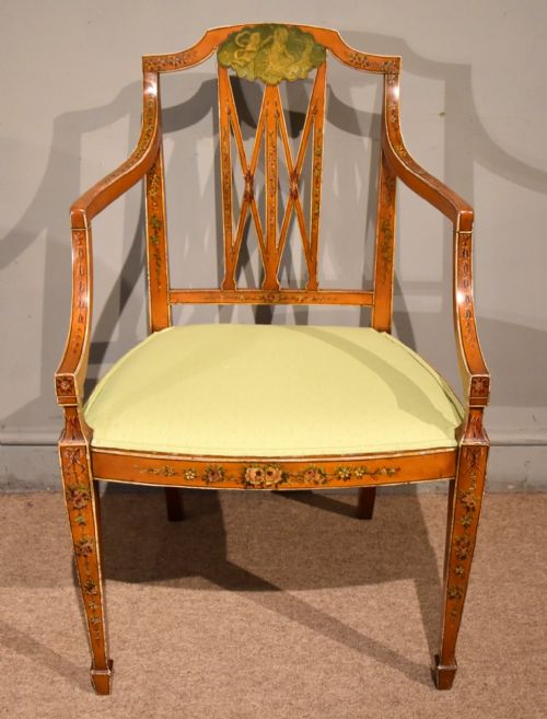 19th century satinwood and hand painted armchair s h jewell - CATEGORY: ANTIQUE CHAIRS - DATED 1880