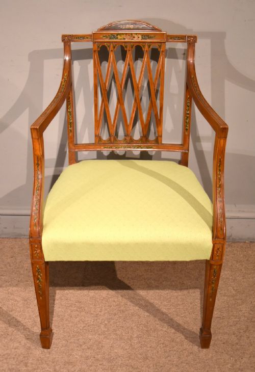 19th century satinwood and hand painted armchair s h jewell - CATEGORY: ANTIQUE CHAIRS - DATED 19TH CENTURY