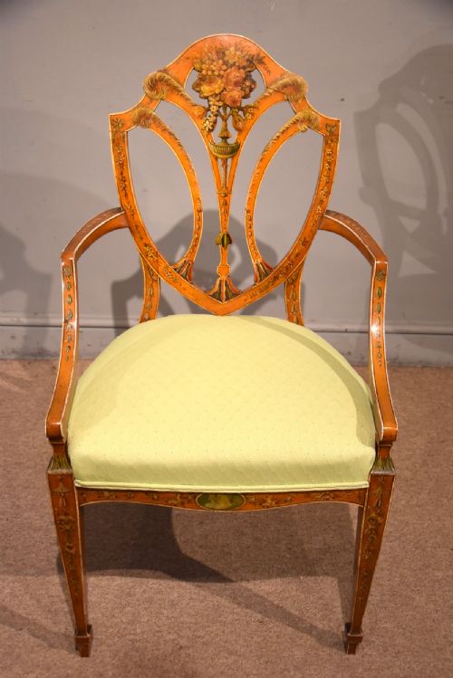 19th century satinwood and hand painted armchair s h jewell - CATEGORY: ANTIQUE CHAIRS - DATED 19TH CENTURY