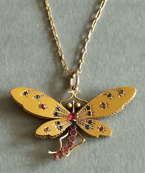 victorian 18ct gold sapphire and ruby paste dragonfly necklace pendant - CATEGORY: ANTIQUE JEWELLERY - DATED VICTORIAN