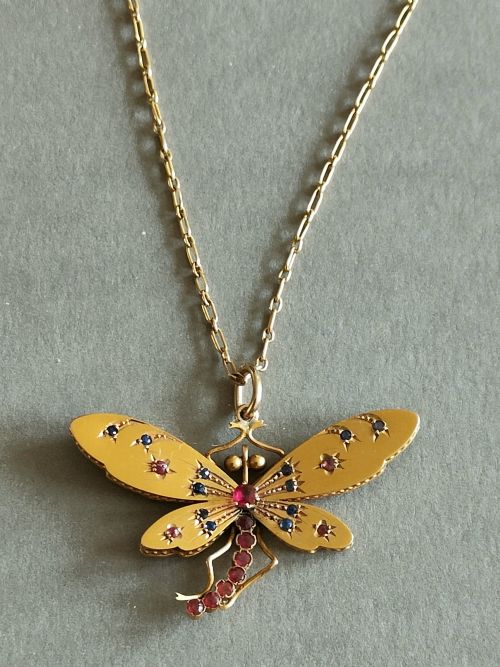 VICTORIAN 18CT GOLD SAPPHIRE AND RUBY PASTE DRAGONFLY NECKLACE PENDANT - ADDITIONAL PHOTO 1