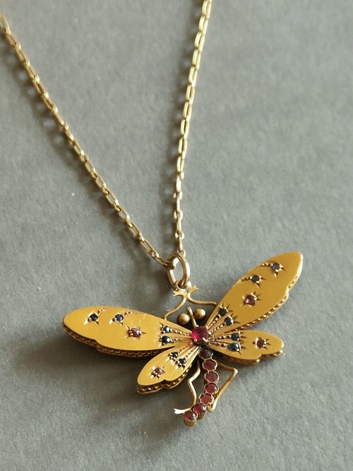 VICTORIAN 18CT GOLD SAPPHIRE AND RUBY PASTE DRAGONFLY NECKLACE PENDANT - ADDITIONAL PHOTO 2