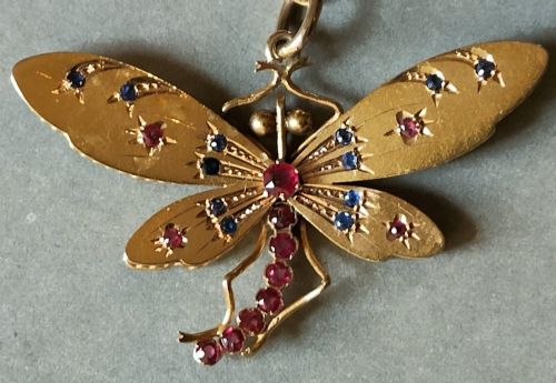 VICTORIAN 18CT GOLD SAPPHIRE AND RUBY PASTE DRAGONFLY NECKLACE PENDANT - ADDITIONAL PHOTO 5