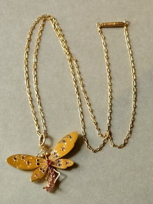 VICTORIAN 18CT GOLD SAPPHIRE AND RUBY PASTE DRAGONFLY NECKLACE PENDANT - ADDITIONAL PHOTO 6