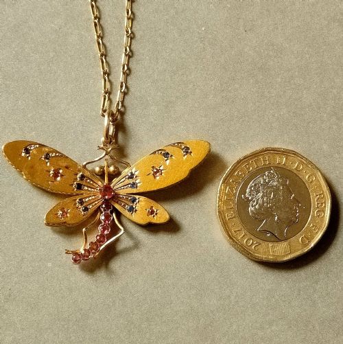 VICTORIAN 18CT GOLD SAPPHIRE AND RUBY PASTE DRAGONFLY NECKLACE PENDANT - ADDITIONAL PHOTO 7